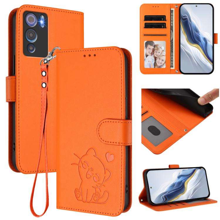 For Doogee N60 Pro Embossed Heart Cat Leather Phone Case with Hand Strap(Orange)