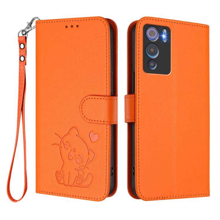 For Doogee N60 Pro Embossed Heart Cat Leather Phone Case with Hand Strap(Orange)