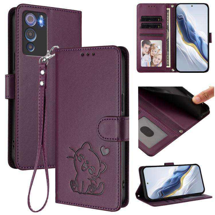For Doogee N60 Pro Embossed Heart Cat Leather Phone Case with Hand Strap(Dark Purple)