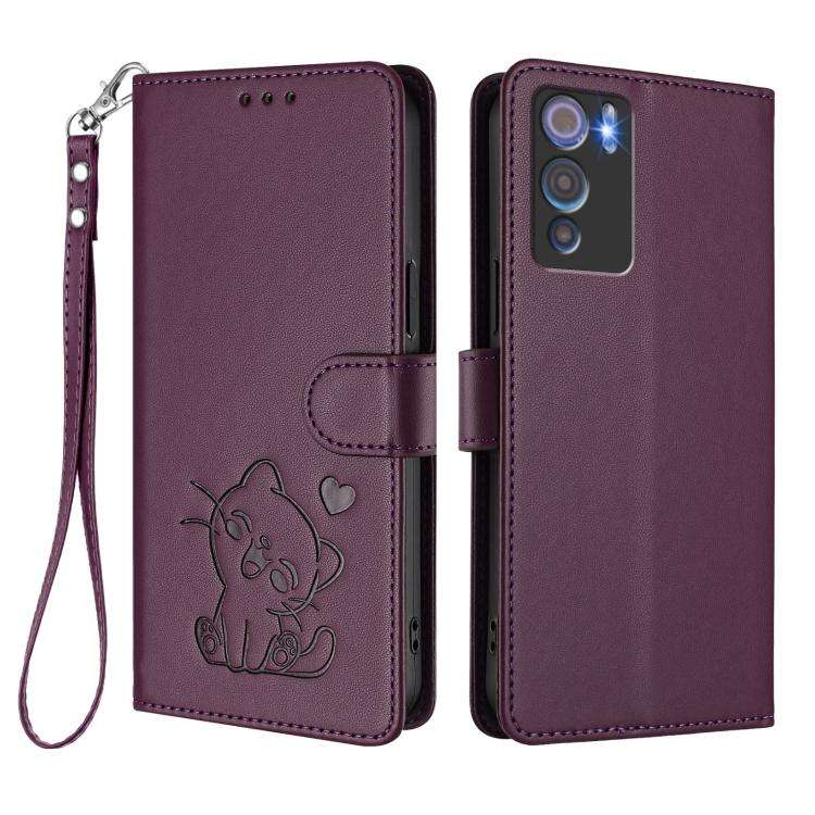 For Doogee N60 Pro Embossed Heart Cat Leather Phone Case with Hand Strap(Dark Purple)