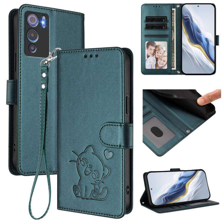 For Doogee N60 Pro Embossed Heart Cat Leather Phone Case with Hand Strap(Dark Green)