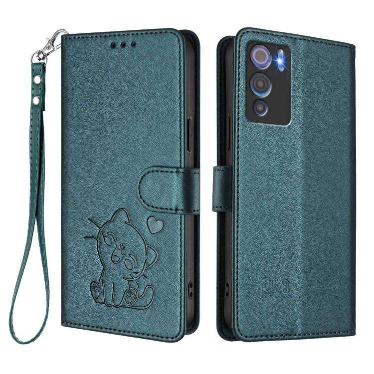 For Doogee N60 Pro Embossed Heart Cat Leather Phone Case with Hand Strap(Dark Green)