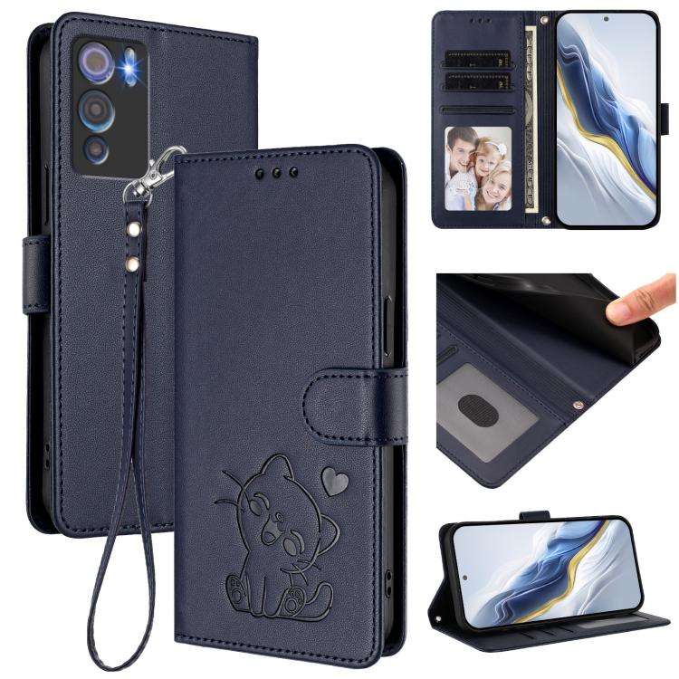 For Doogee N60 Pro Embossed Heart Cat Leather Phone Case with Hand Strap(Blue)