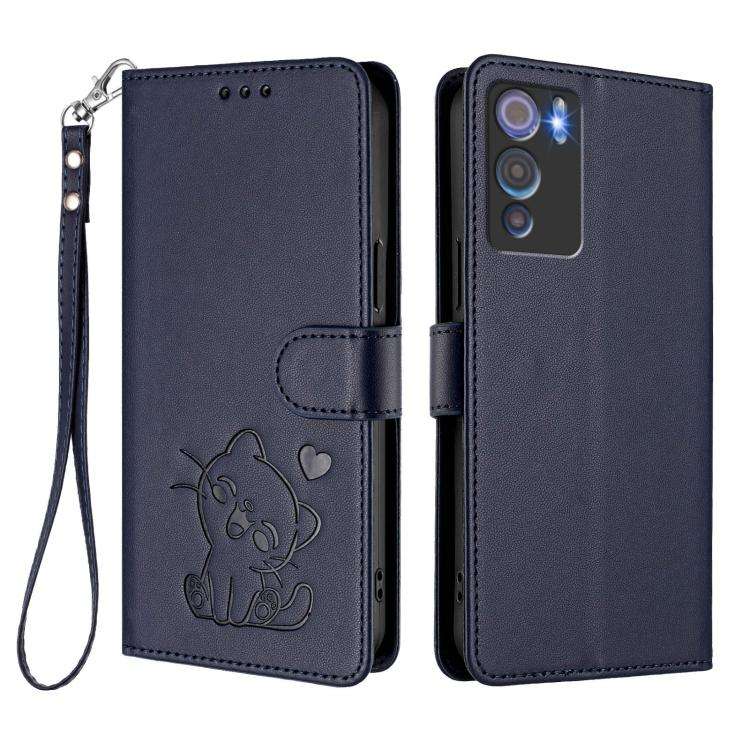 For Doogee N60 Pro Embossed Heart Cat Leather Phone Case with Hand Strap(Blue)