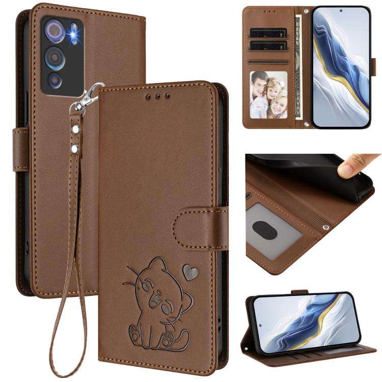 For Doogee N60 Pro Embossed Heart Cat Leather Phone Case with Hand Strap(Brown)