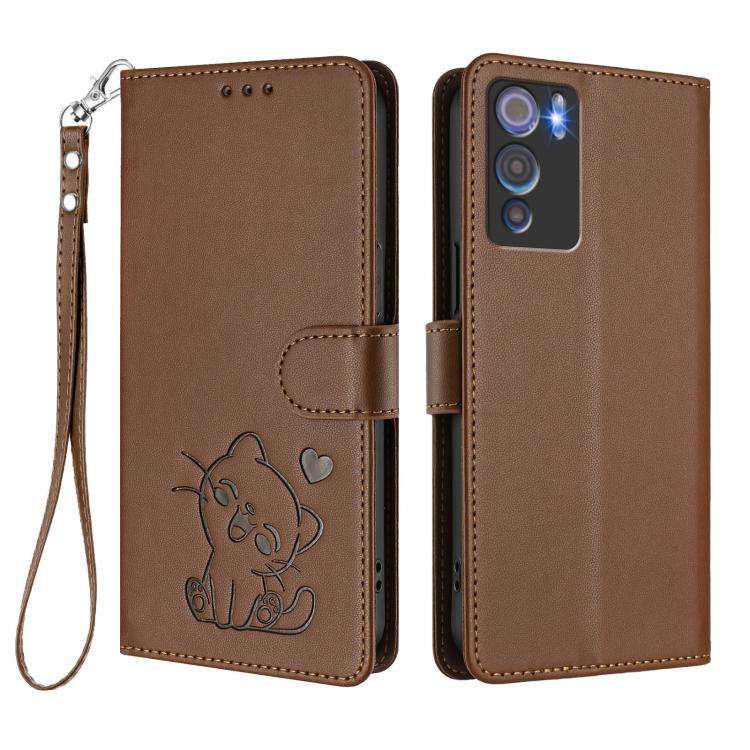 For Doogee N60 Pro Embossed Heart Cat Leather Phone Case with Hand Strap(Brown)