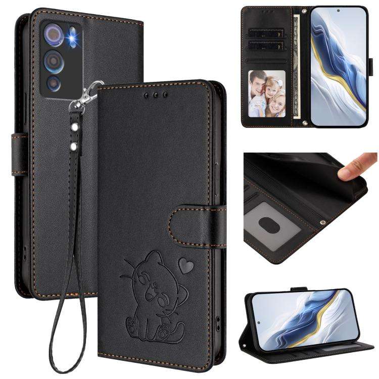 For Doogee N60 Pro Embossed Heart Cat Leather Phone Case with Hand Strap(Black)