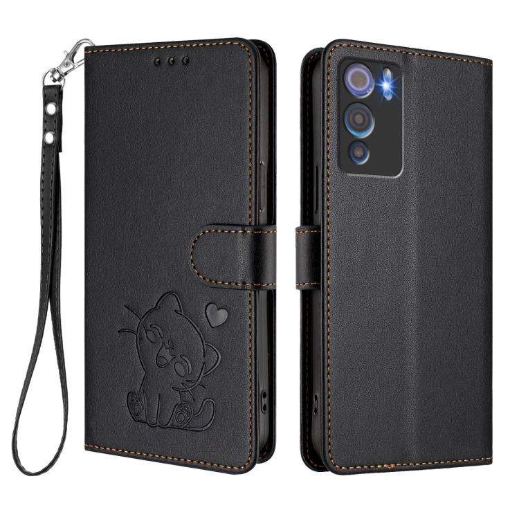 For Doogee N60 Pro Embossed Heart Cat Leather Phone Case with Hand Strap(Black)