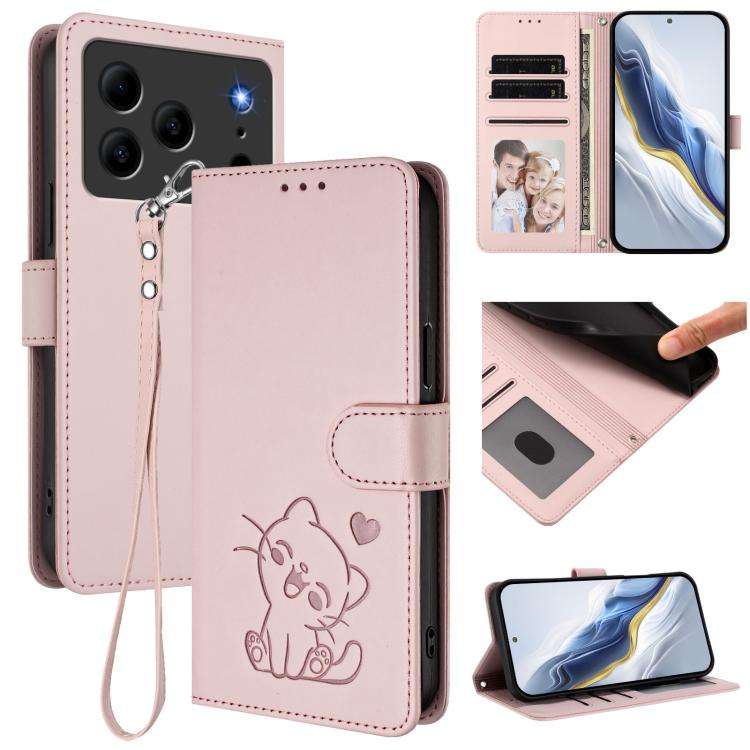 For Doogee Note 56 / Note 56 Pro Embossed Heart Cat Leather Phone Case with Hand Strap(Pink)
