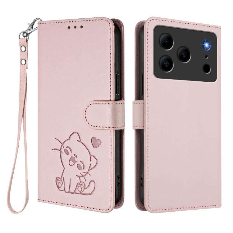 For Doogee Note 56 / Note 56 Pro Embossed Heart Cat Leather Phone Case with Hand Strap(Pink)