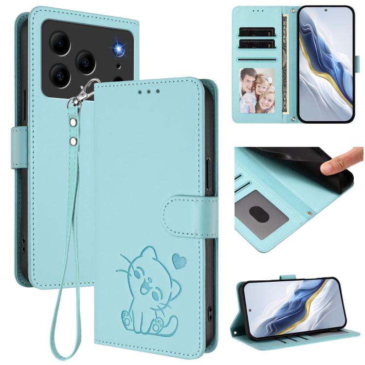 For Doogee Note 56 / Note 56 Pro Embossed Heart Cat Leather Phone Case with Hand Strap(Mint Green)