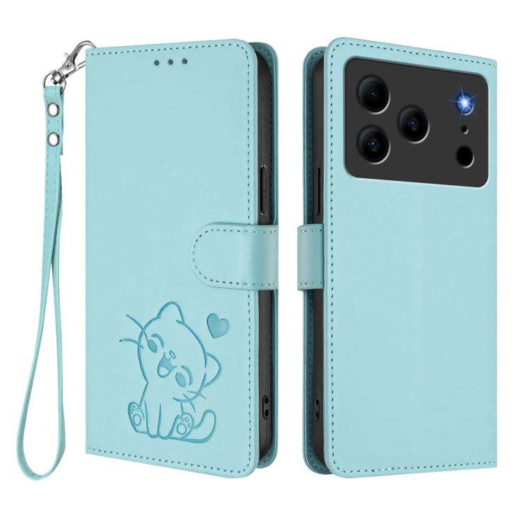 For Doogee Note 56 / Note 56 Pro Embossed Heart Cat Leather Phone Case with Hand Strap(Mint Green)