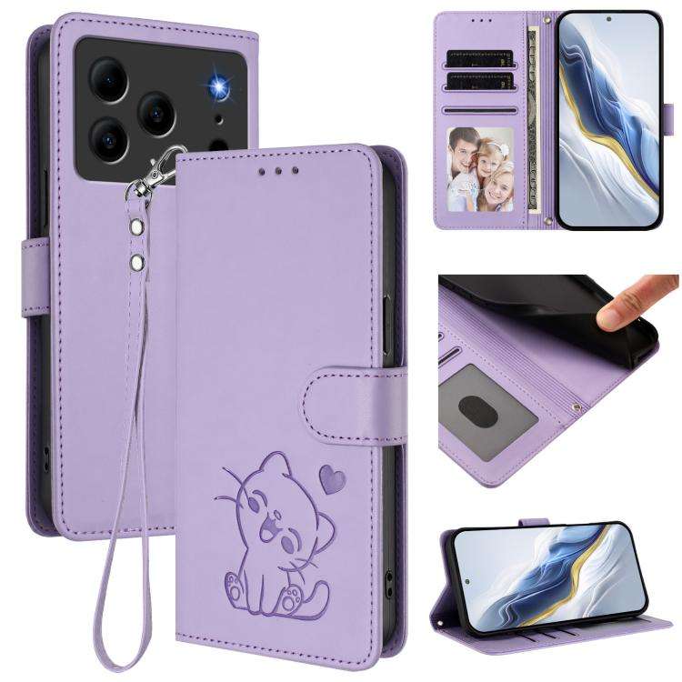 For Doogee Note 56 / Note 56 Pro Embossed Heart Cat Leather Phone Case with Hand Strap(Light Purple)