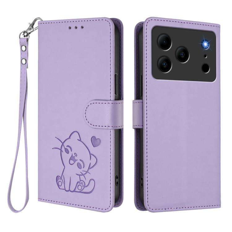 For Doogee Note 56 / Note 56 Pro Embossed Heart Cat Leather Phone Case with Hand Strap(Light Purple)