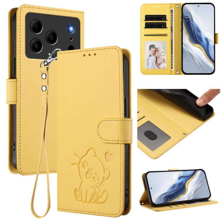 For Doogee Note 56 / Note 56 Pro Embossed Heart Cat Leather Phone Case with Hand Strap(Yellow)