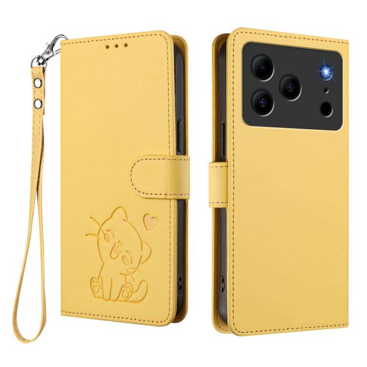 For Doogee Note 56 / Note 56 Pro Embossed Heart Cat Leather Phone Case with Hand Strap(Yellow)