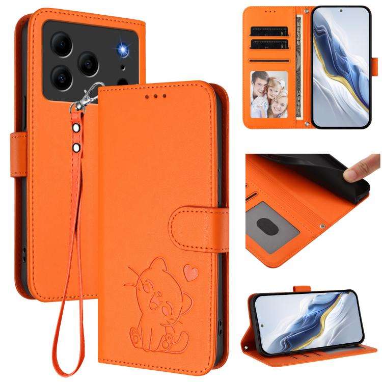 For Doogee Note 56 / Note 56 Pro Embossed Heart Cat Leather Phone Case with Hand Strap(Orange)