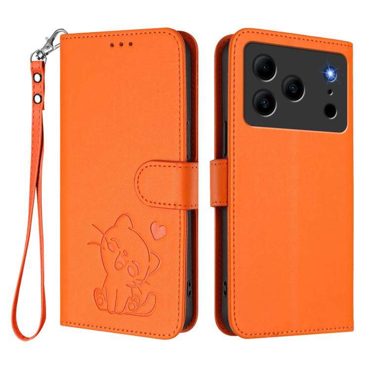 For Doogee Note 56 / Note 56 Pro Embossed Heart Cat Leather Phone Case with Hand Strap(Orange)