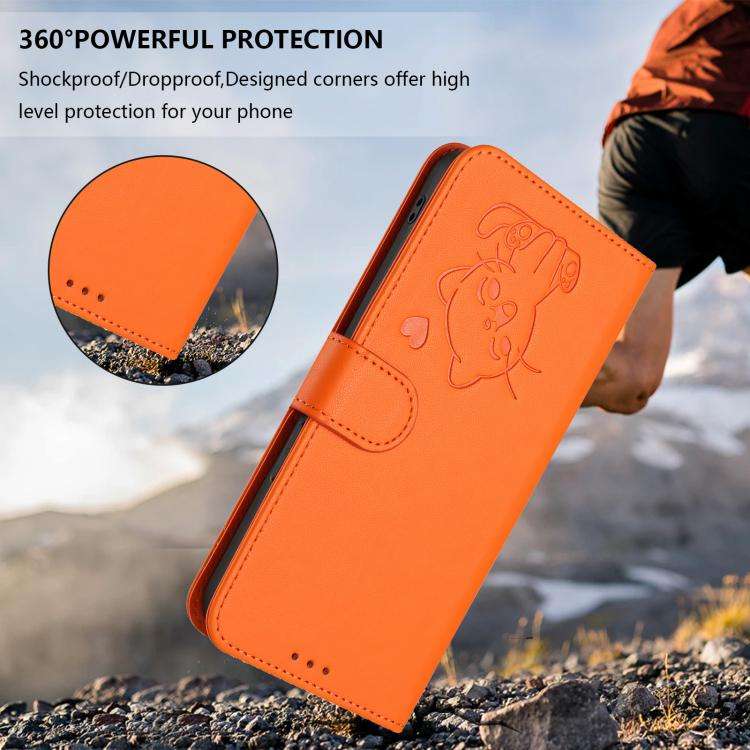 For Doogee Note 56 / Note 56 Pro Embossed Heart Cat Leather Phone Case with Hand Strap(Orange)