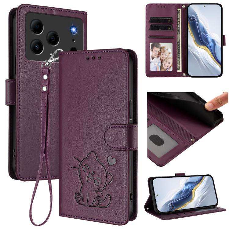 For Doogee Note 56 / Note 56 Pro Embossed Heart Cat Leather Phone Case with Hand Strap(Dark Purple)