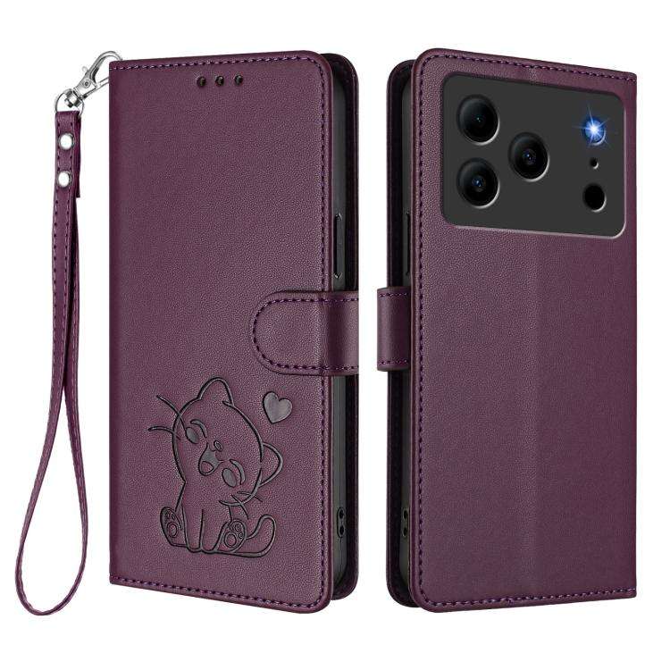 For Doogee Note 56 / Note 56 Pro Embossed Heart Cat Leather Phone Case with Hand Strap(Dark Purple)