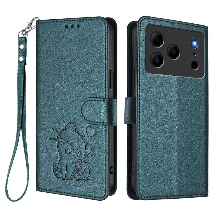 For Doogee Note 56 / Note 56 Pro Embossed Heart Cat Leather Phone Case with Hand Strap(Dark Green)