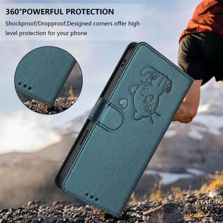 For Doogee Note 56 / Note 56 Pro Embossed Heart Cat Leather Phone Case with Hand Strap(Dark Green)