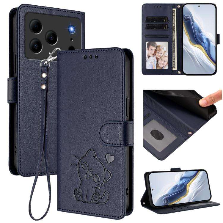 For Doogee Note 56 / Note 56 Pro Embossed Heart Cat Leather Phone Case with Hand Strap(Blue)