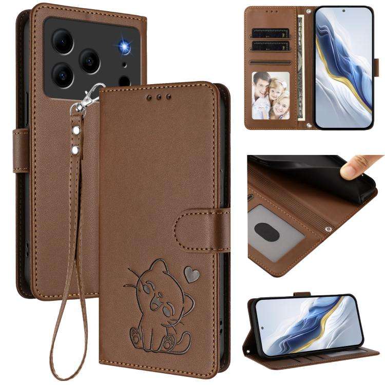 For Doogee Note 56 / Note 56 Pro Embossed Heart Cat Leather Phone Case with Hand Strap(Brown)