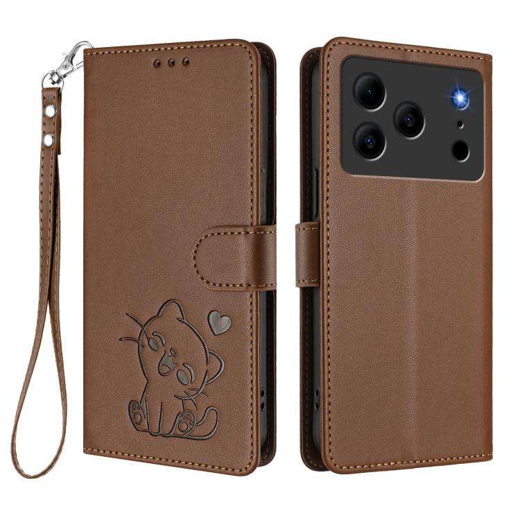 For Doogee Note 56 / Note 56 Pro Embossed Heart Cat Leather Phone Case with Hand Strap(Brown)