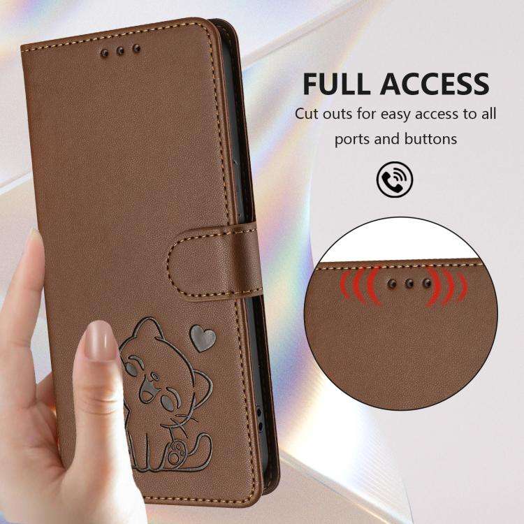 For Doogee Note 56 / Note 56 Pro Embossed Heart Cat Leather Phone Case with Hand Strap(Brown)