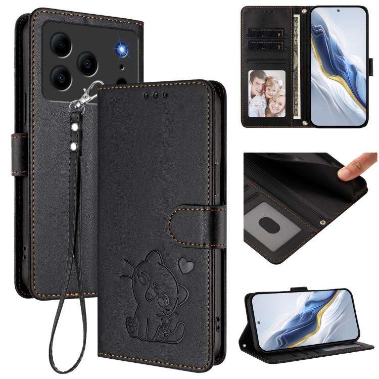 For Doogee Note 56 / Note 56 Pro Embossed Heart Cat Leather Phone Case with Hand Strap(Black)