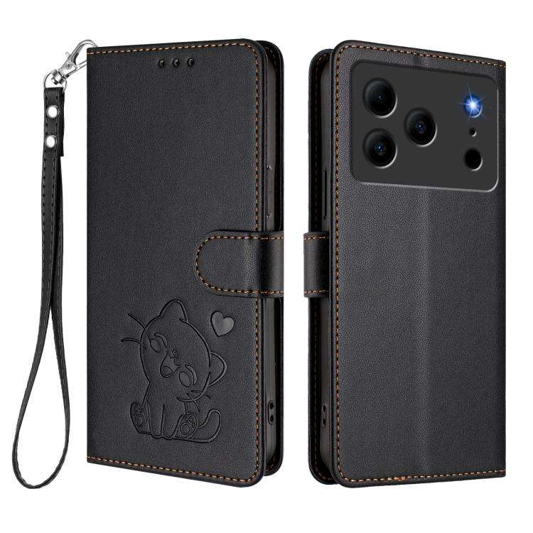 For Doogee Note 56 / Note 56 Pro Embossed Heart Cat Leather Phone Case with Hand Strap(Black)