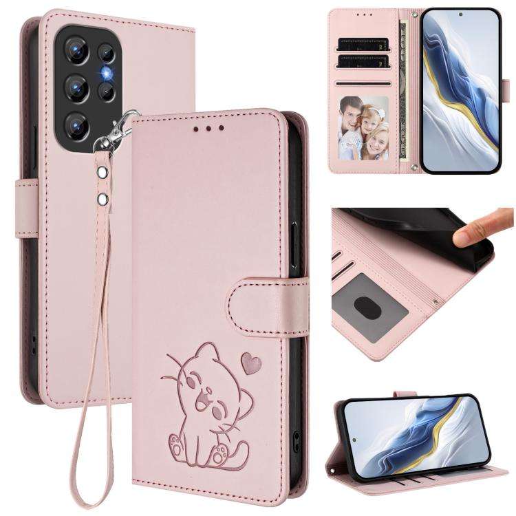 For Oukitel C1 / C1 Pro Embossed Heart Cat Leather Phone Case with Hand Strap(Pink)