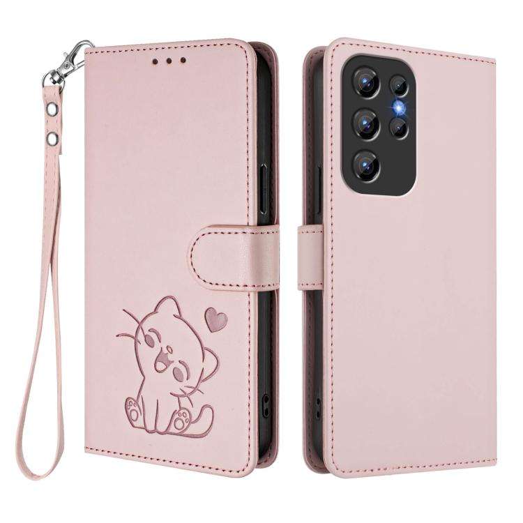 For Oukitel C1 / C1 Pro Embossed Heart Cat Leather Phone Case with Hand Strap(Pink)