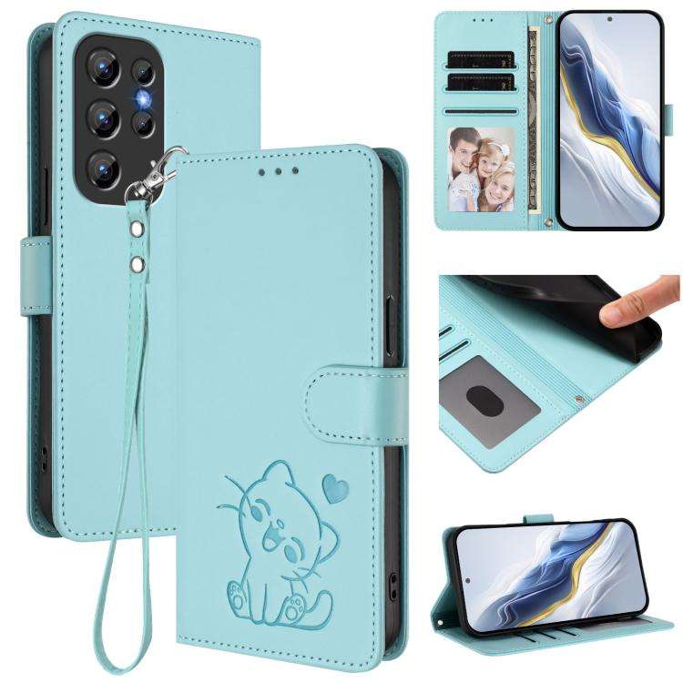 For Oukitel C1 / C1 Pro Embossed Heart Cat Leather Phone Case with Hand Strap(Mint Green)