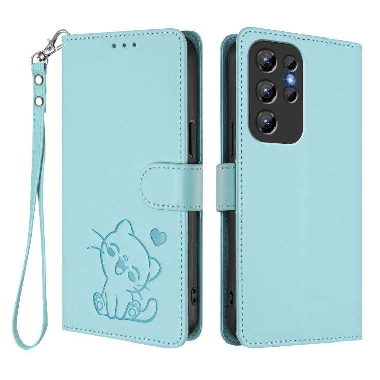 For Oukitel C1 / C1 Pro Embossed Heart Cat Leather Phone Case with Hand Strap(Mint Green)