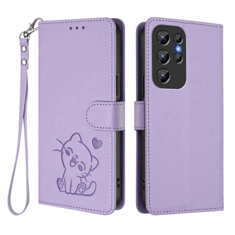 For Oukitel C1 / C1 Pro Embossed Heart Cat Leather Phone Case with Hand Strap(Light Purple)