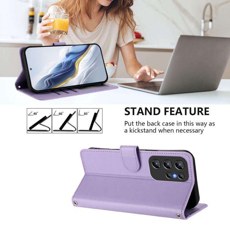 For Oukitel C1 / C1 Pro Embossed Heart Cat Leather Phone Case with Hand Strap(Light Purple)