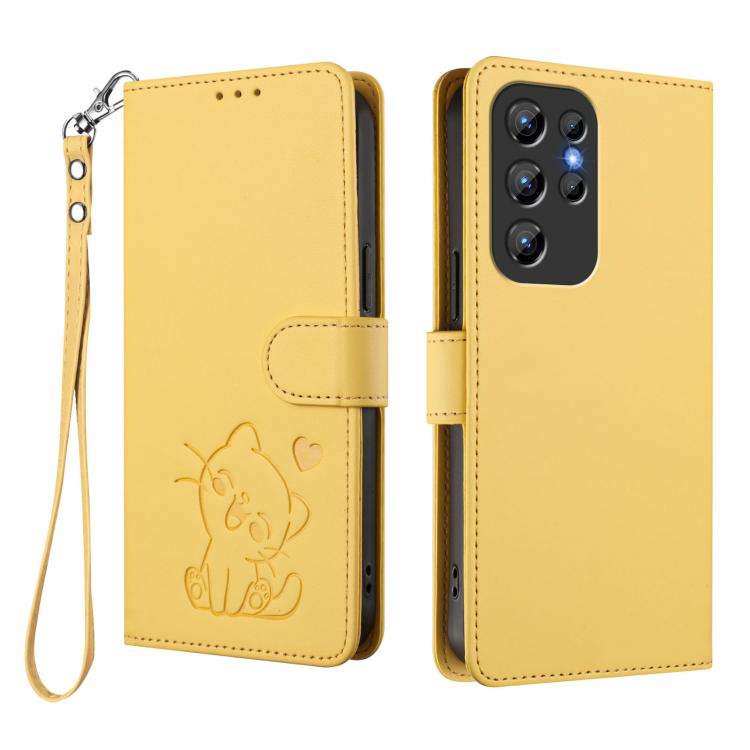 For Oukitel C1 / C1 Pro Embossed Heart Cat Leather Phone Case with Hand Strap(Yellow)