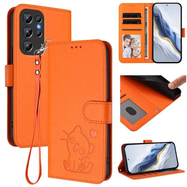 For Oukitel C1 / C1 Pro Embossed Heart Cat Leather Phone Case with Hand Strap(Orange)