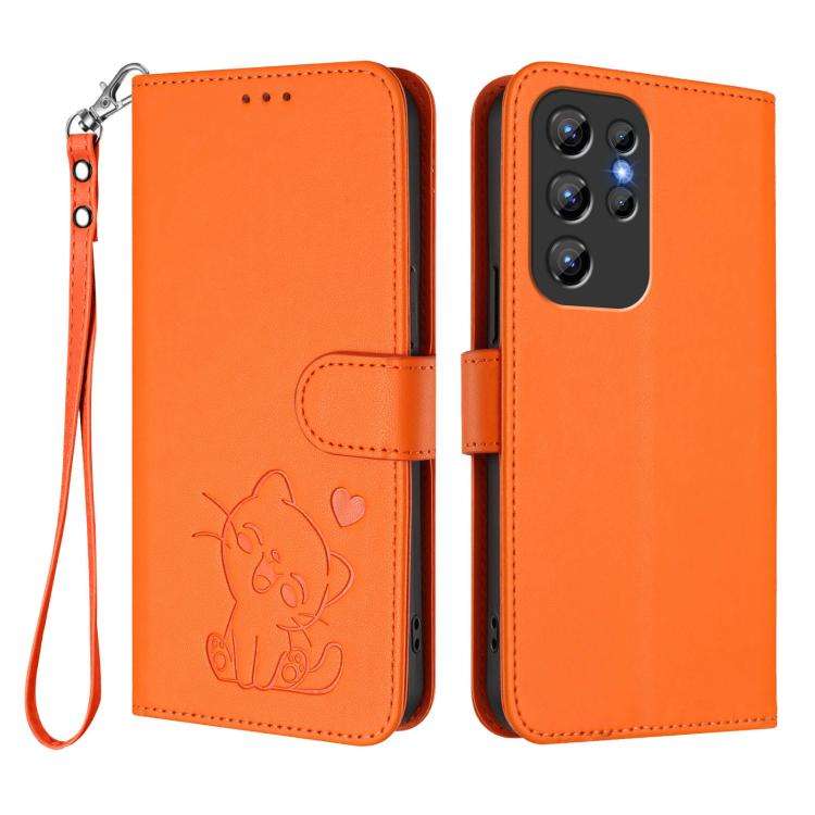 For Oukitel C1 / C1 Pro Embossed Heart Cat Leather Phone Case with Hand Strap(Orange)