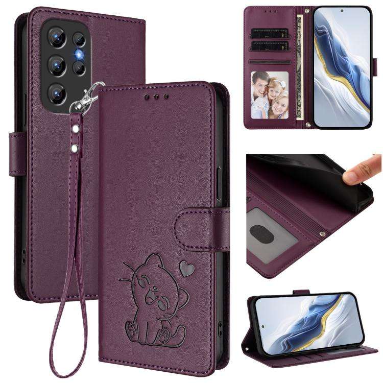 For Oukitel C1 / C1 Pro Embossed Heart Cat Leather Phone Case with Hand Strap(Dark Purple)