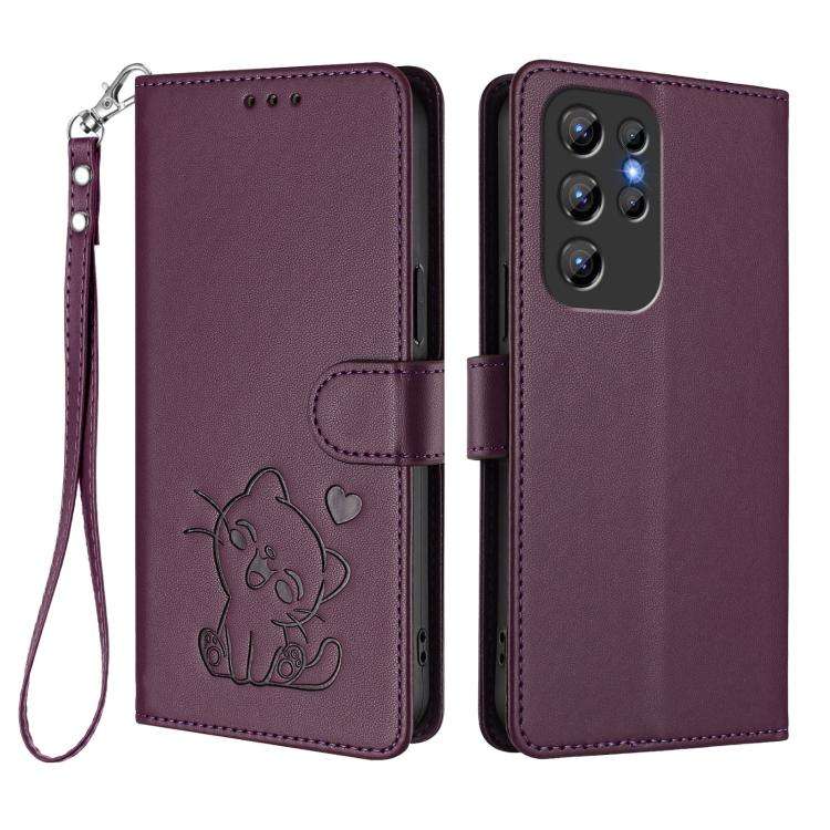 For Oukitel C1 / C1 Pro Embossed Heart Cat Leather Phone Case with Hand Strap(Dark Purple)