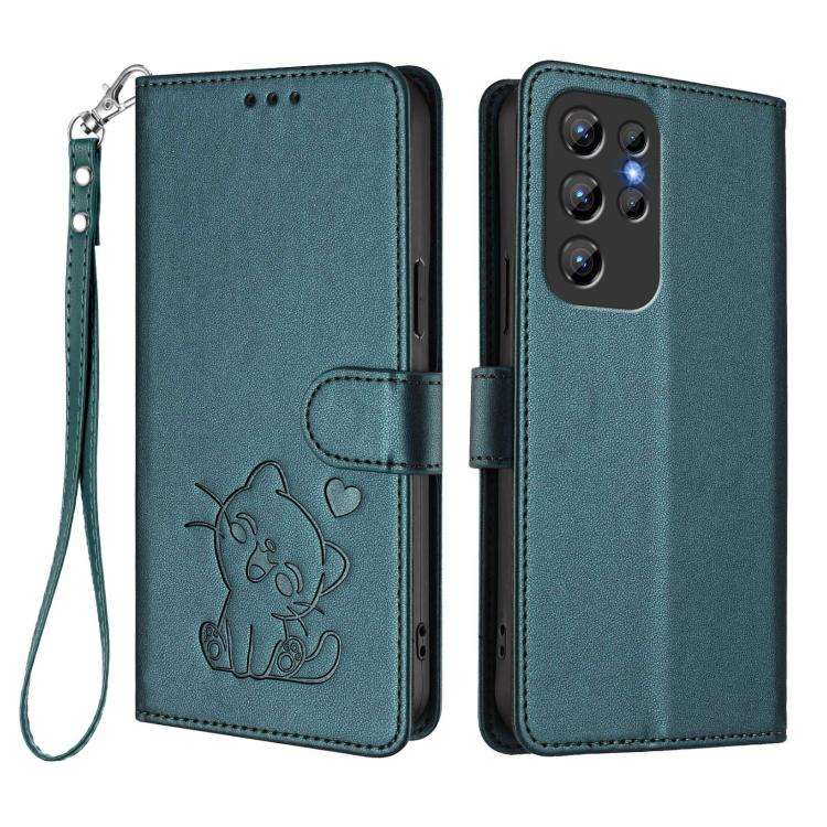 For Oukitel C1 / C1 Pro Embossed Heart Cat Leather Phone Case with Hand Strap(Dark Green)