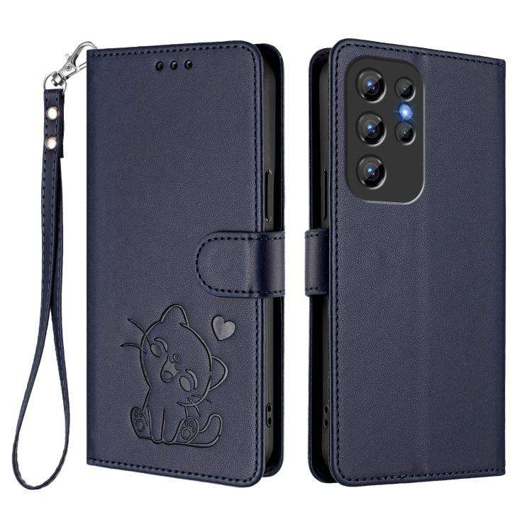 For Oukitel C1 / C1 Pro Embossed Heart Cat Leather Phone Case with Hand Strap(Blue)