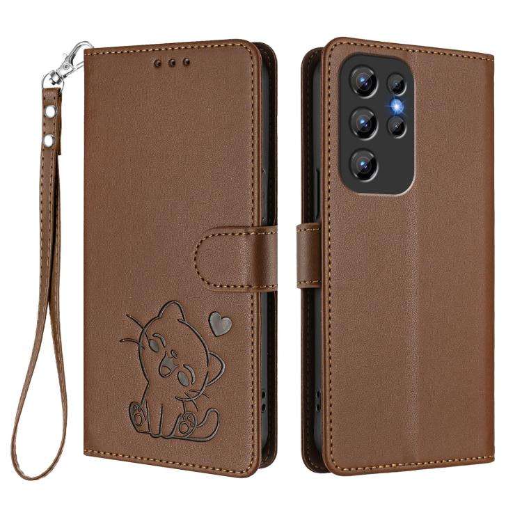 For Oukitel C1 / C1 Pro Embossed Heart Cat Leather Phone Case with Hand Strap(Brown)