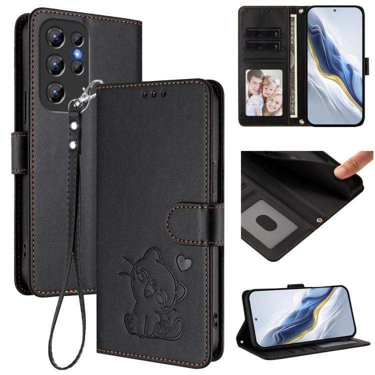 For Oukitel C1 / C1 Pro Embossed Heart Cat Leather Phone Case with Hand Strap(Black)