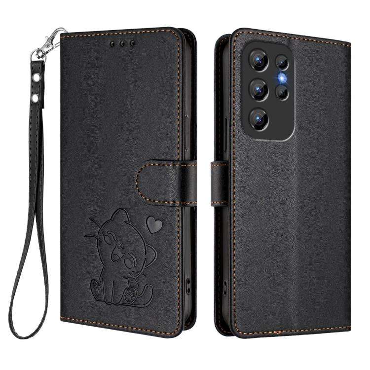 For Oukitel C1 / C1 Pro Embossed Heart Cat Leather Phone Case with Hand Strap(Black)
