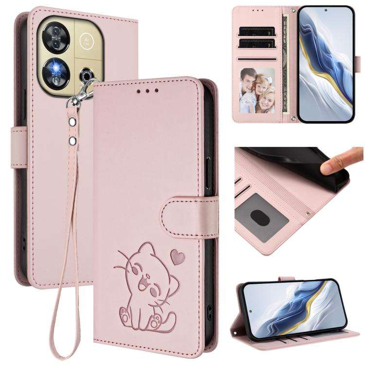 For Oukitel C57S / C57 Pro / Blu J12 Embossed Heart Cat Leather Phone Case with Hand Strap(Pink)